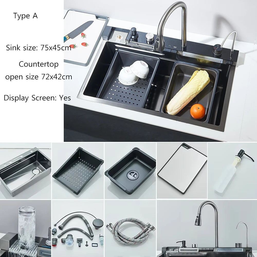 304Stainless Steel Large Single Bowl Waterfall Kitchen Sink with Integrated Digital Display Faucet Soap Dispenser and Cup Washer