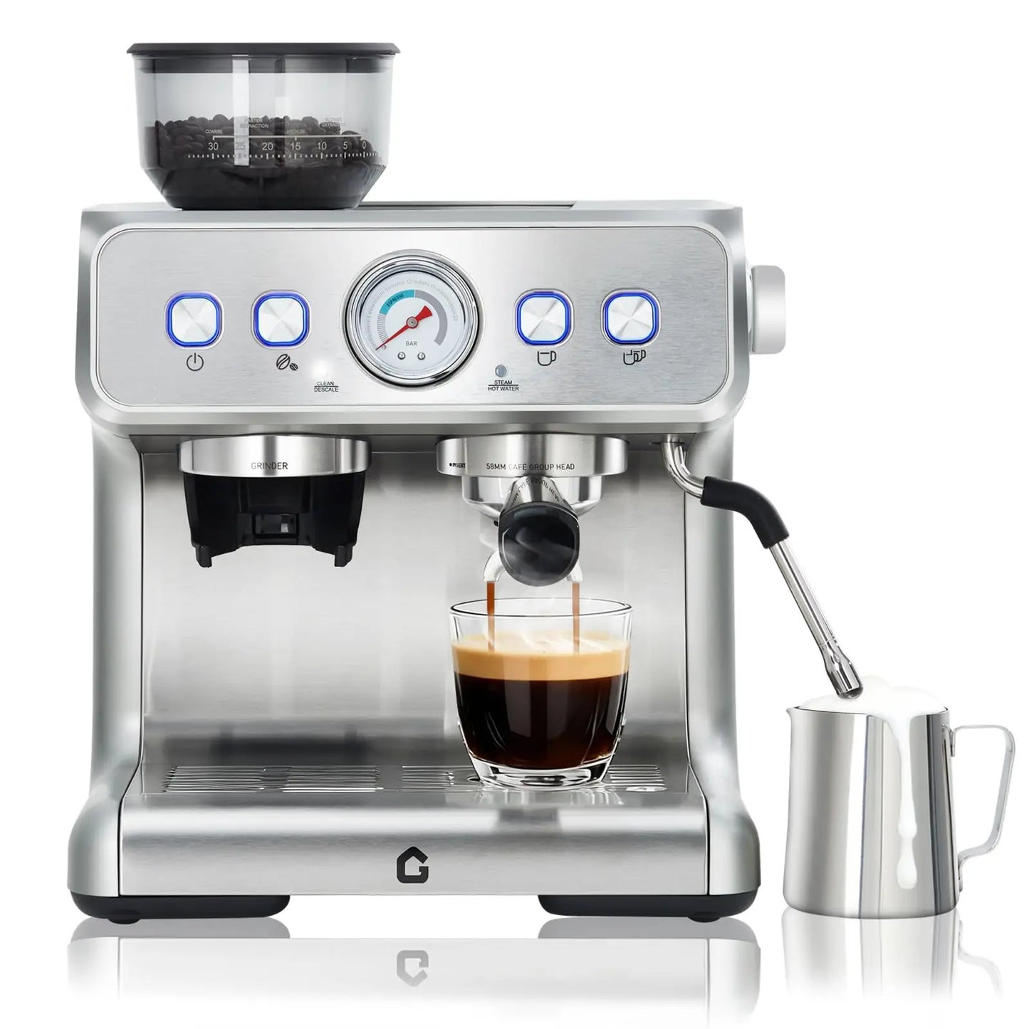 20 Bar Stainless Steel Espresso Machine With Grinder & Milk Frother 2.8L Removable Tank Adjustable Shot Volume For Home Office