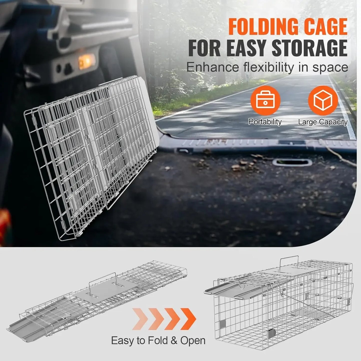 Live Animal Cage Trap,24" x 8" x 8" Humane Cat Trap Galvanized Iron,Folding Animal Trap with Handle for Small Rabbits Groundhogs
