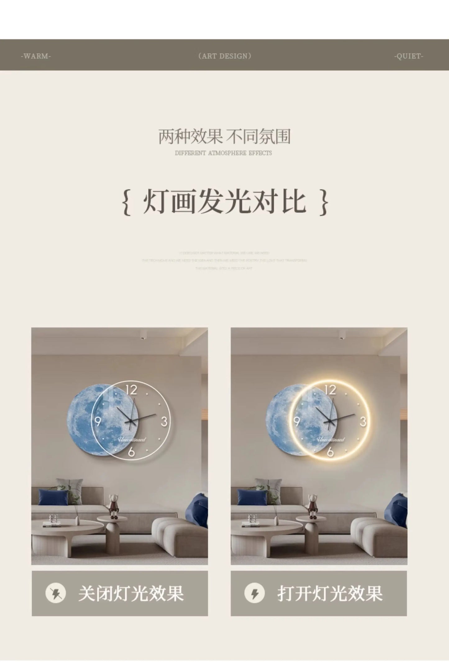 Adhesive Moon Wall Clock with LED Light No Drill Silent Modern Night Light for Living Room Dorm Kitchen Decoration