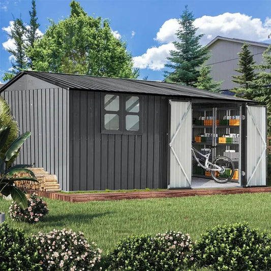 QWUCGO Extra Large 10ftx12ft,Outdoor Sheds Window,Tiny House,Metal Storage Shed with Design of Lockable Doors,U