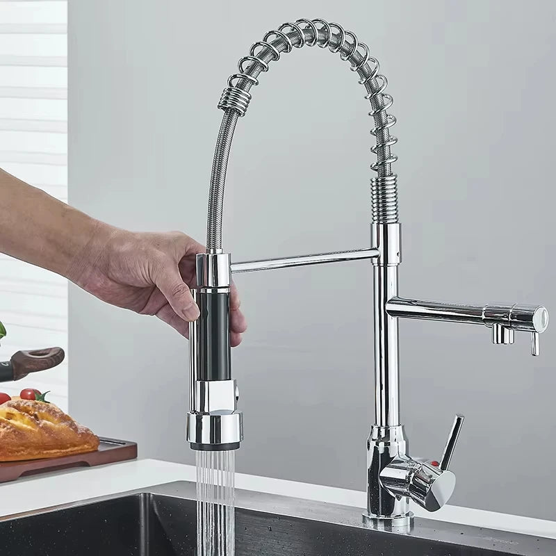 Grifo de cocina extraíble de resorte plateado/negro, mezclador monomando de agua fría y caliente, grifo de doble caño