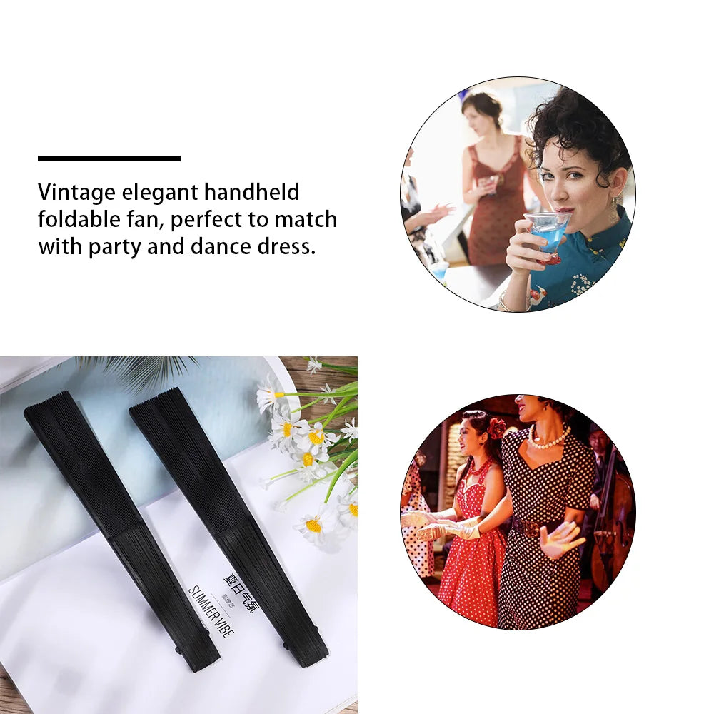 8.27"(21cm) Black Silk Folding Fan Chinese Style Hand Held Bamboo Fans Ribs Home Party Decoration Dance Props Desktop Ornament