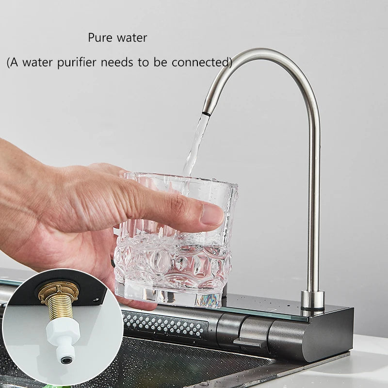 304Stainless Steel Large Single Bowl Waterfall Kitchen Sink with Integrated Digital Display Faucet Soap Dispenser and Cup Washer