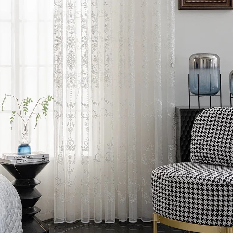 European Embroidery Lace White Sheer Curtain For Living Room Bedroom, Dust-Proof Partition Tulle Curtain,Home Window Curtains