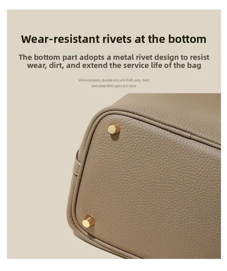 Women’s Leather Bucket Handbag A soft, stylish summer essential featuring a modern basket design with a convenient mobile phone pocket.