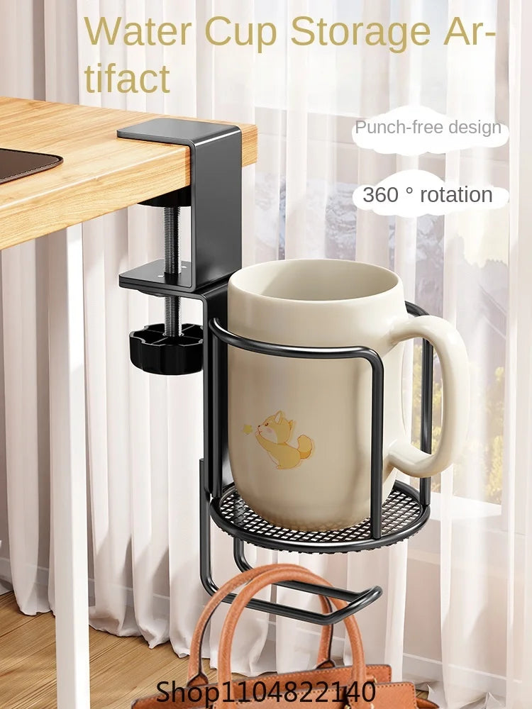 2 in 1 No Drill Desk Cup Holder Adjustable Upgraded Arm Clamp Stand 360 Degree Rotating Table Edge Clamp Anti-Fall Cup Holder