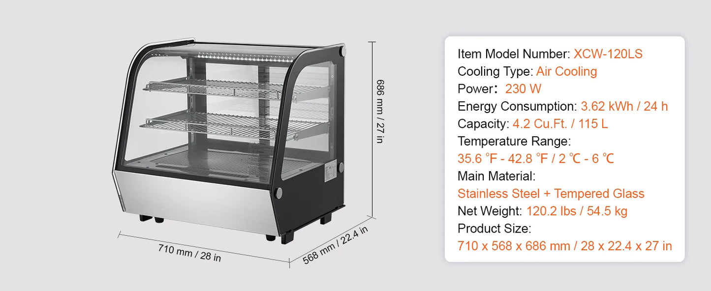 SucceBuy 3.5/4.2/5/9.8 cft Refrigerated Display Case Large Commercial Pastry Display Refrigerator with LED Lighting for Bakery