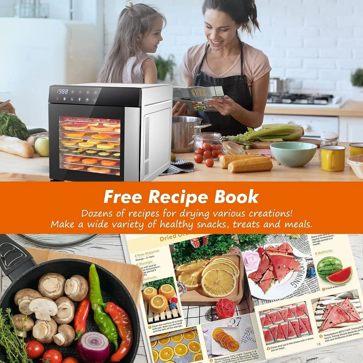 8-Tray Stainless Steel,600W with 4 Presets & Digital Timer for Jerky, Fruit, Herbs - Dishwasher Safe, BPA Free Food Dehydrator