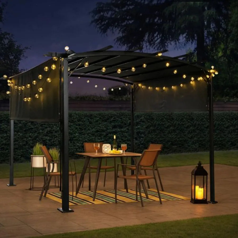 12 x 9 Ft Outdoor Pergola Patio Gazebo; Retractable Shade Canopy; Steel Frame Grape Gazebo; Sunshelter Pergola; Grey
