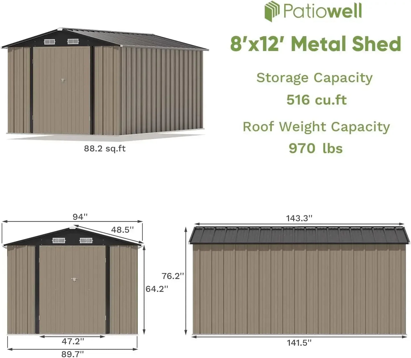 8 X 12 FT Metal Storage Shed for Outdoor, Steel Yard Shed with Design of Lockable Doors, Utility and Tool Storage for Garden