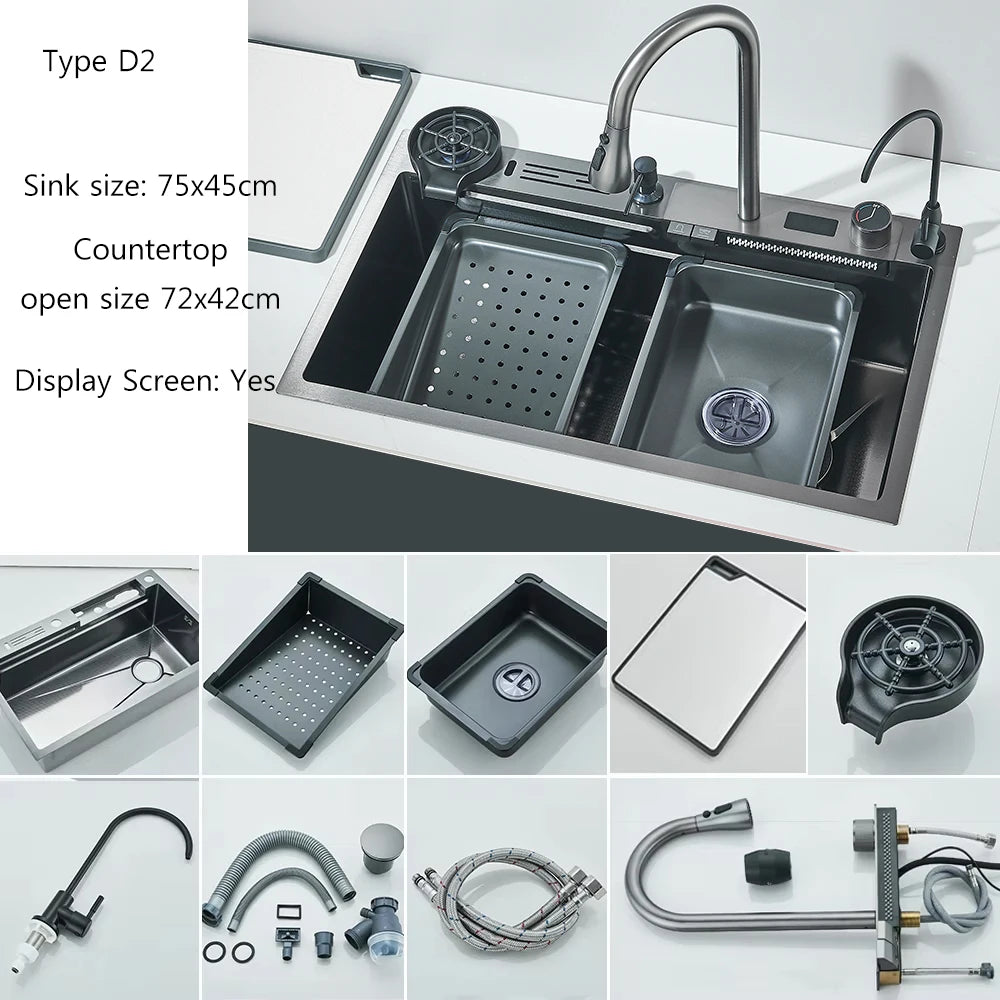 304Stainless Steel Large Single Bowl Waterfall Kitchen Sink with Integrated Digital Display Faucet Soap Dispenser and Cup Washer