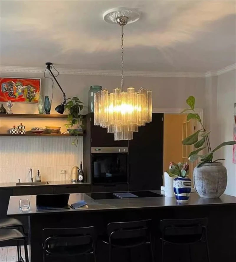 Art Deco Stained Glass Tube Chandelier – Luxury Ceiling Pendant Light Elegant lighting fixture perfect for kitchen islands, dining rooms, or any upscale interior space. Adds a touch of sophistication and style.