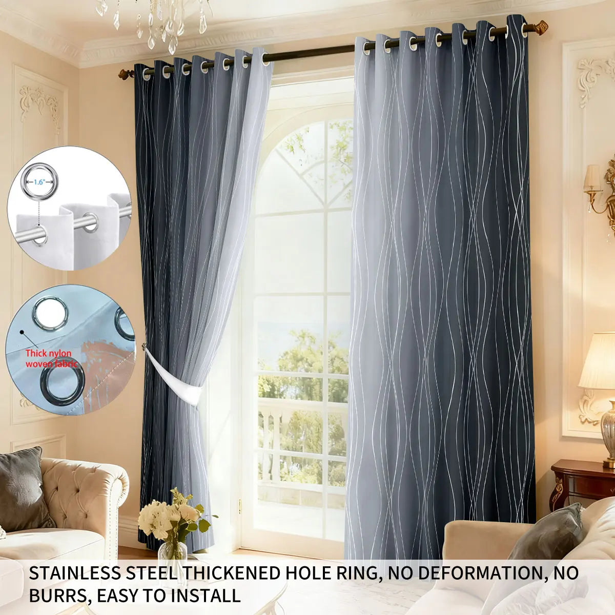 2pcs Minimalist Style Curved Lines Art Print Perforated Blackout Curtains Multi Size Living Room Bedroom Insulation Decoration
