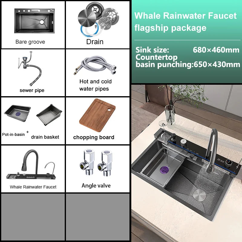 Extra Large Stainless Steel Waterfall Kitchen Sink Embossed Single Solt Digital Display Multifunctional Dishwashing Sink