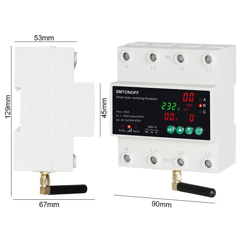 Tuya WiFi Three Phase 4P 63A Auto-Reclosing Over Under Voltage Protector Prepaid Meter Timer Switch Voice Remote Control