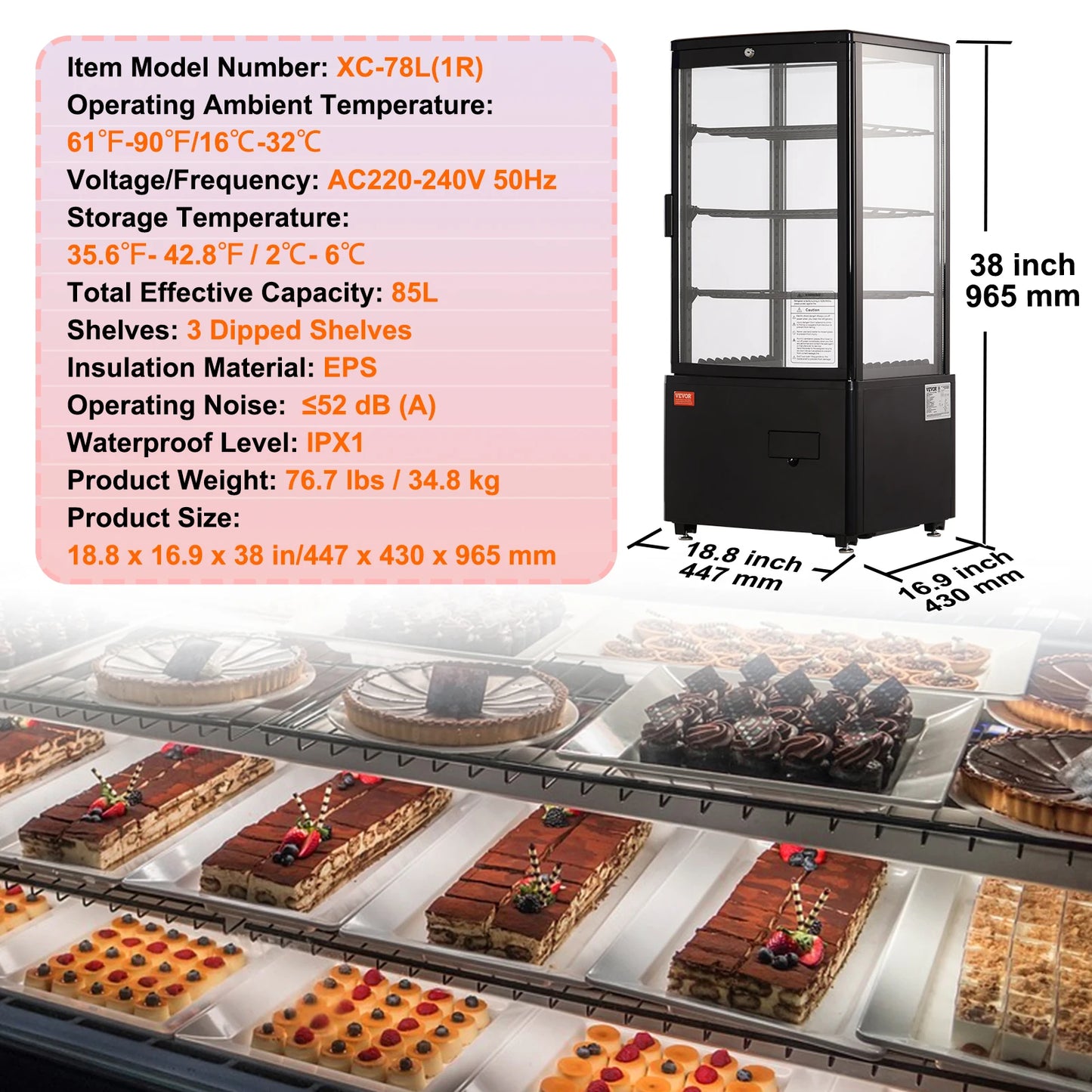 SucceBuy 3.5/4.2/5/9.8 cft Refrigerated Display Case Large Commercial Pastry Display Refrigerator with LED Lighting for Bakery