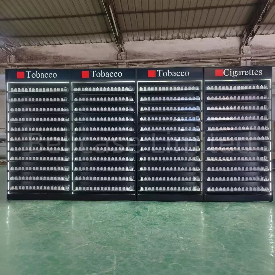 custom，Smoke Shop Fittings Cigarettes Shelves Tobacco Display Stand with Storage Cabinet Led Lighting Tobacco Store Ra