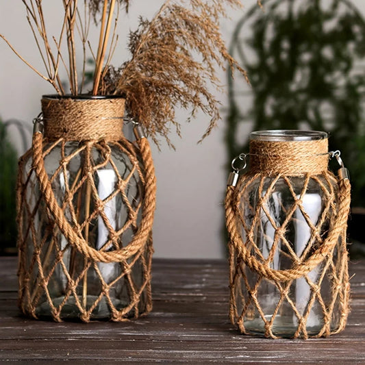 Retro hemp rope glass vase hand-woven American country creative hydroponic vase desktop ornaments flower vase