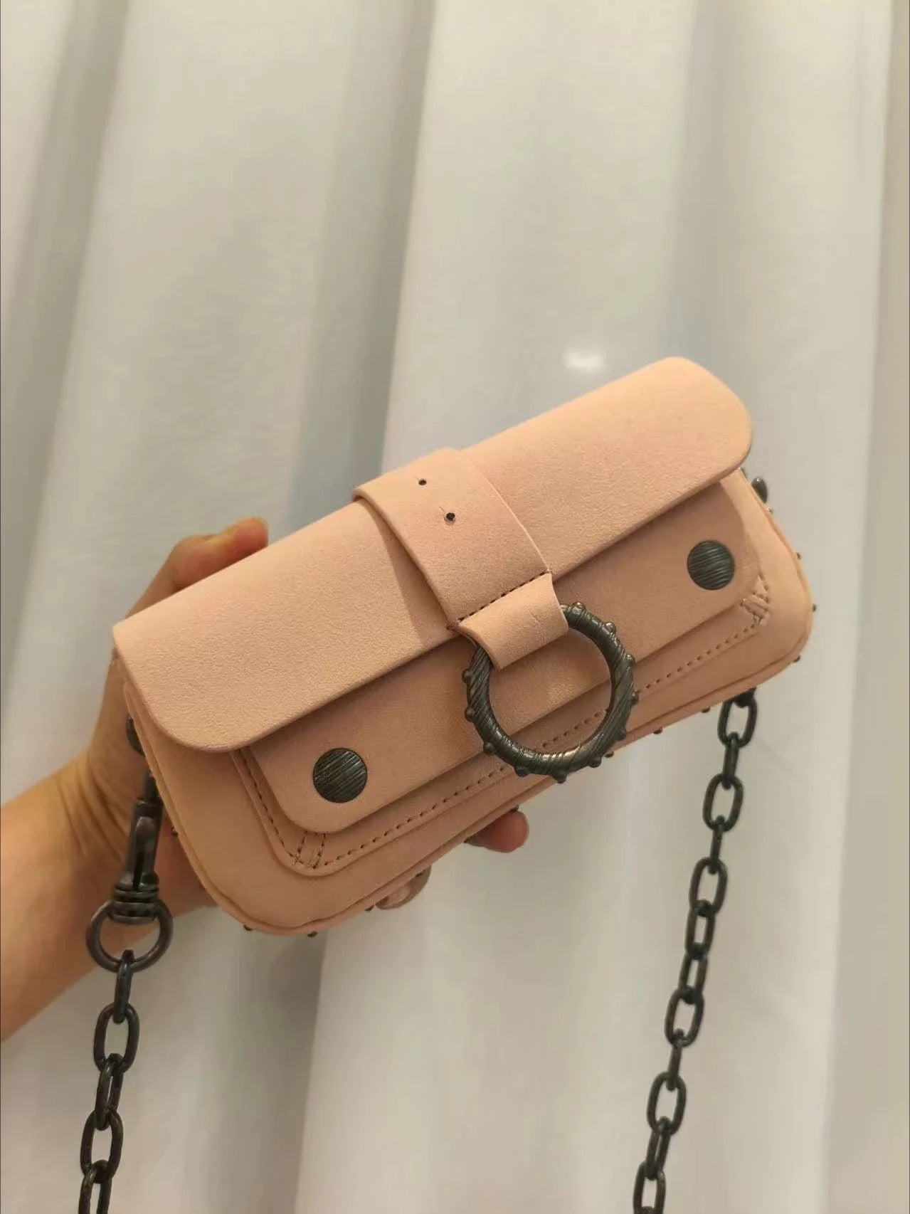 Multi-Color French Design Mini Waist Bag Classic Rivet Style Chic round design with a simple, versatile look. Compact and stylish, perfect for everyday wear.