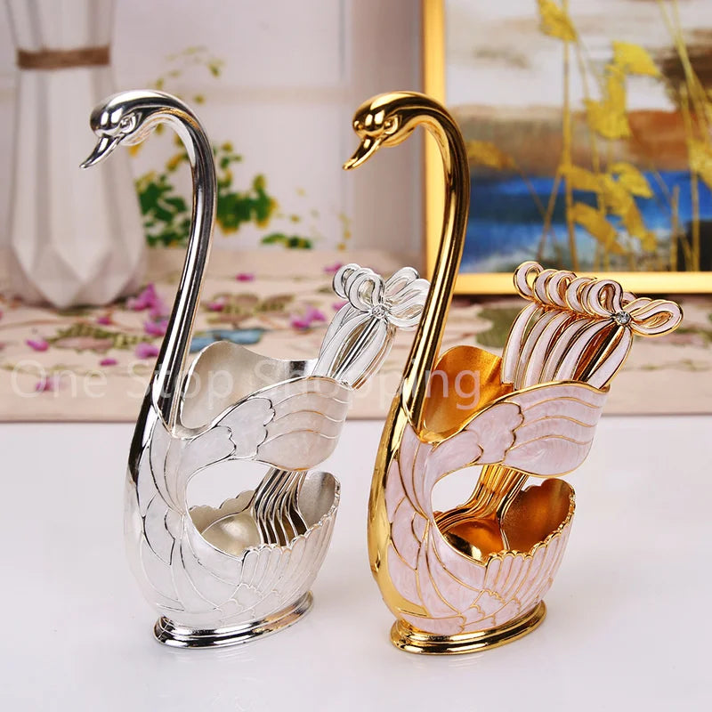 Creative Dinnerware Set Swan Base Holder Decorative Stainless Steel with 6 Spoons for Coffee Fruit Dessert Stirring Mixing
