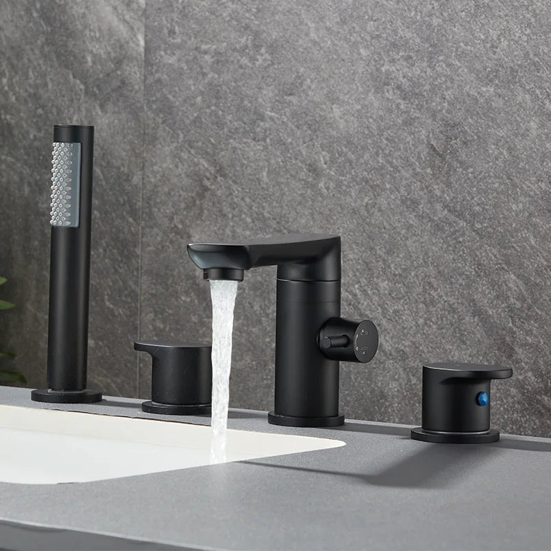 4-Piece Bathroom Faucet Set – Deck-Mounted Includes basin and bathtub mixer taps with handheld shower. Hot and cold water mixer for versatile bathroom use.