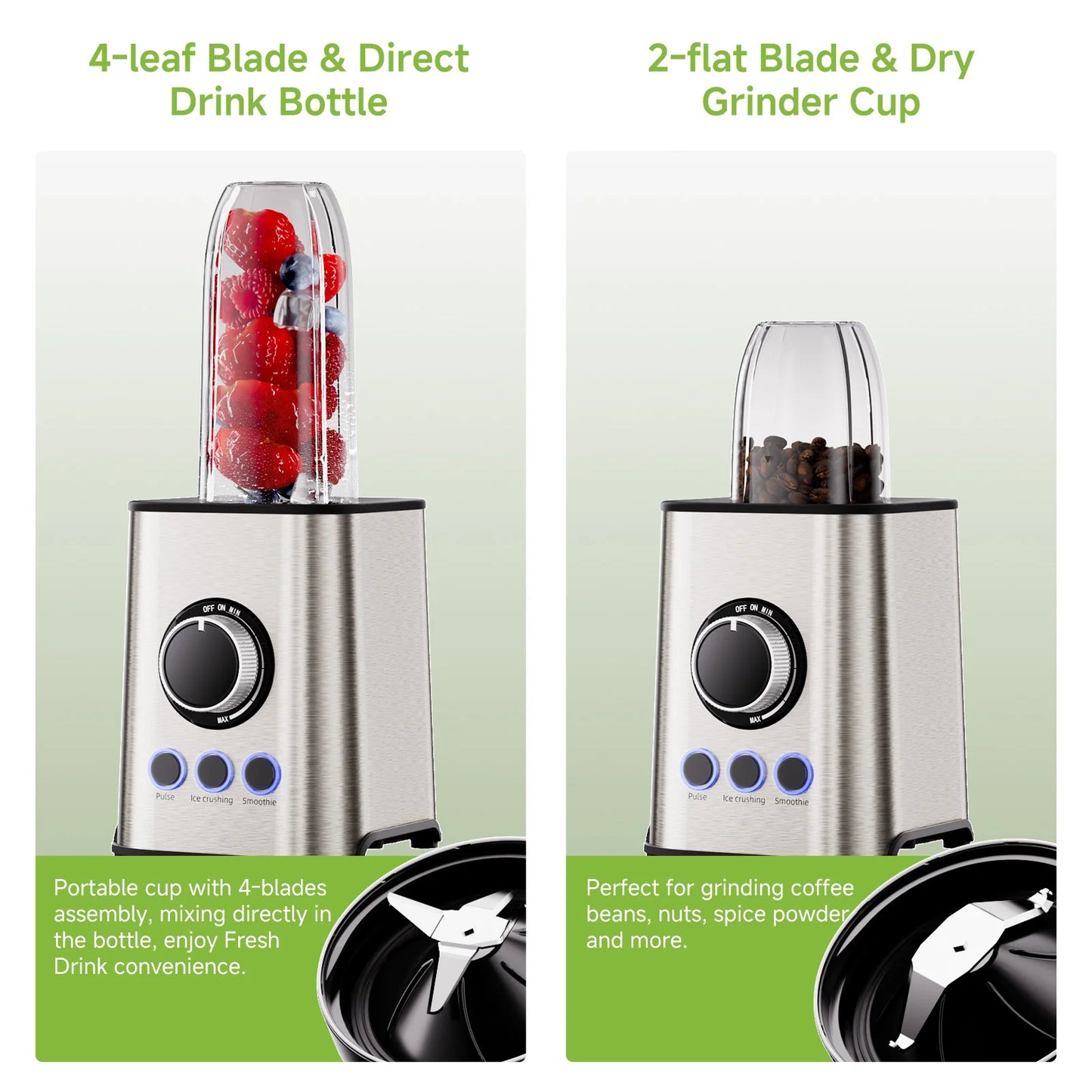BioloMix 3-in-1 Smoothie Blender with Stainless Steel Blades 1300W Personal Blender and Grinder Combo for Baby Food Juice