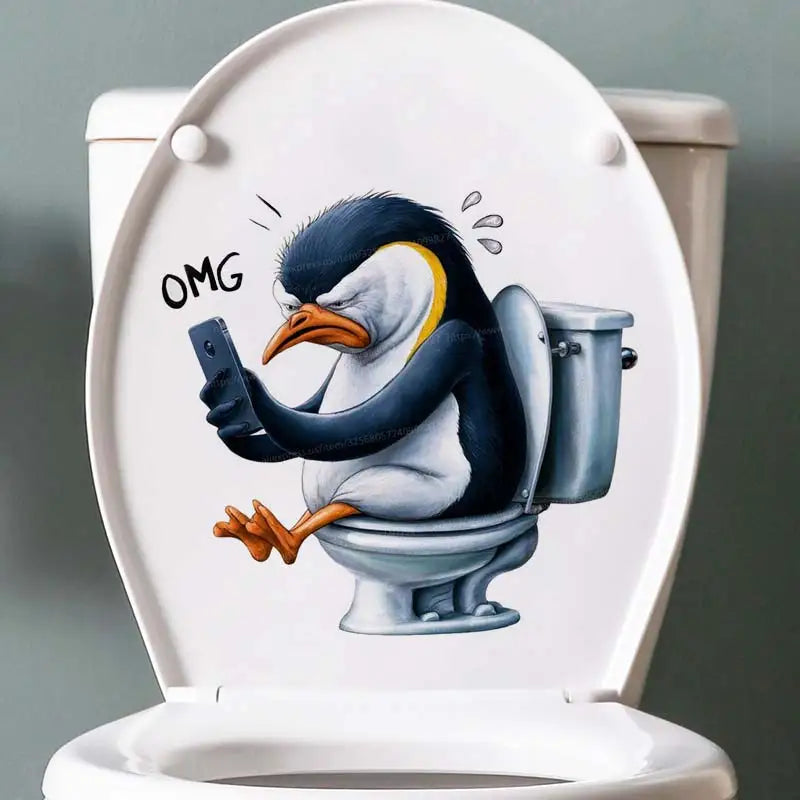 Funny Toilet Lid Stickers – Squirrels, Penguins & Raccoons Cute cartoon animals “sitting” on the toilet  instant bathroom humor! Waterproof, easy-peel decals for lid, cover or tank. Great for home, guest bath, or funny gifts. Wholesale available