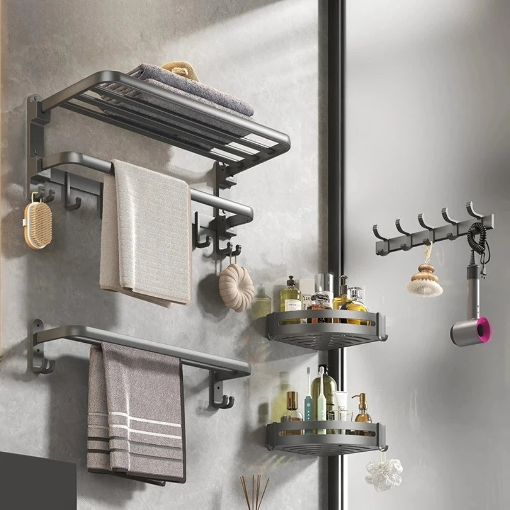Gun Gray Triple Tier Folding Space Aluminum Towel Rack Wall mounted Hardware Pendant Set Bath Towel Holder Bathroom Accessories