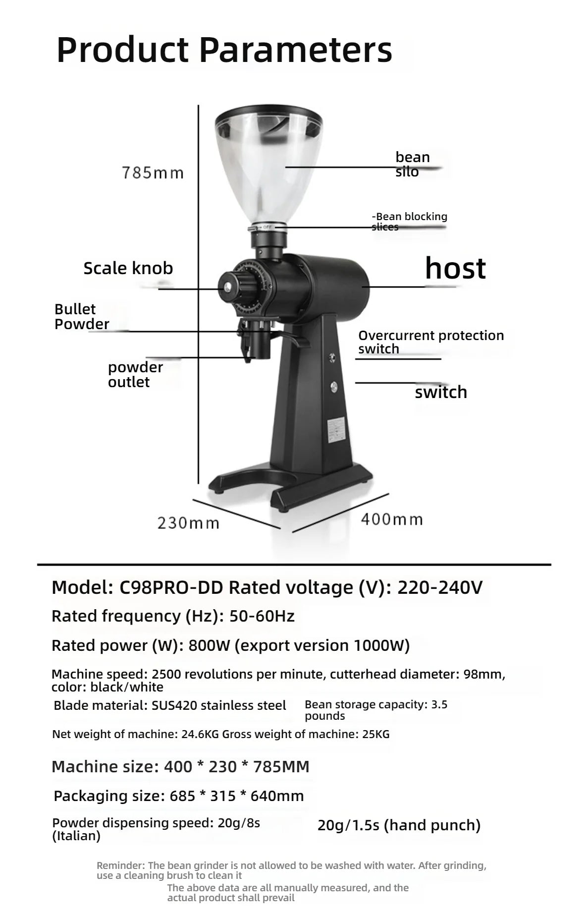 CAFOVO G198F Commercial Electric Grinder 98mm Titanium Coated Flat Burr 160 Settings 2500RPM 1000W Quantitative Coffee Miller