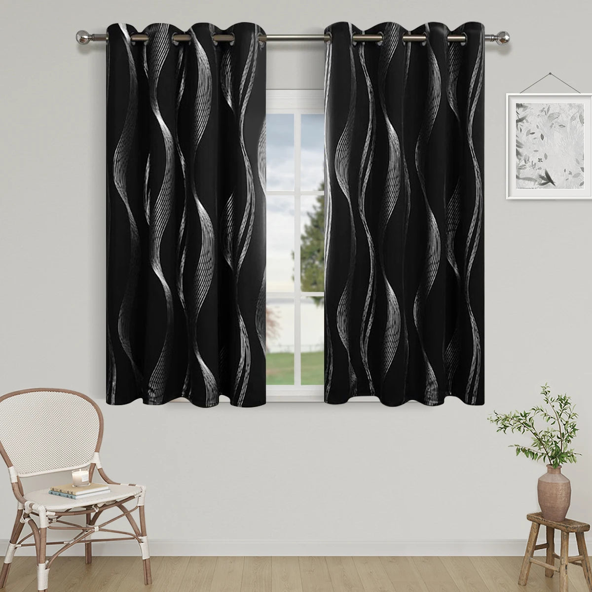 1pc High Precision Silver Embossed Wave Pattern Blackout Curtain, window Curtains for living room bedroom kitchen home decor