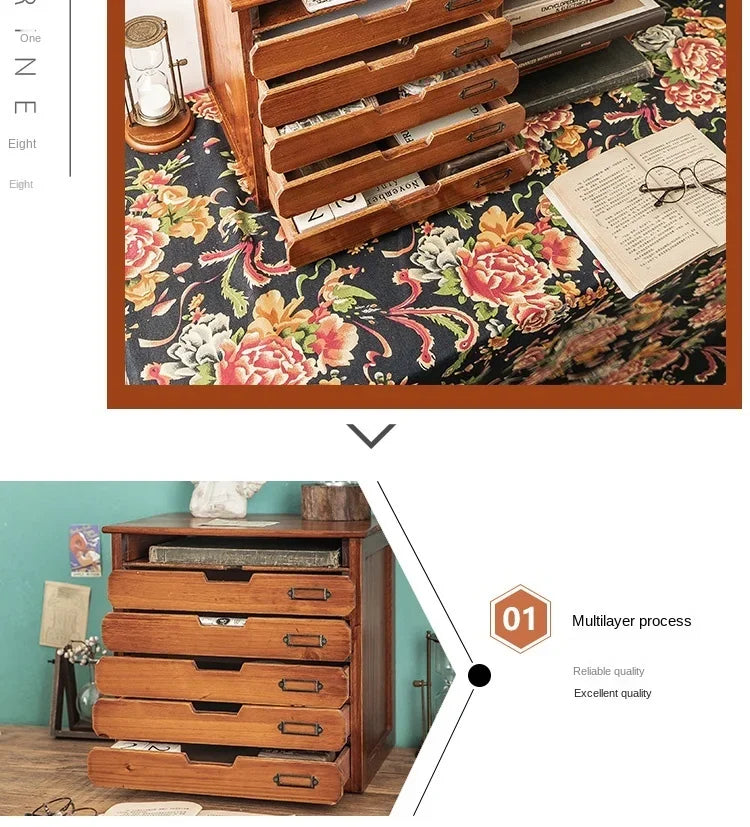 Retro Wooden File Storage Box Office Jewelry Box A4 File Drawers Desktop Sorting Cabinet For Dressing Table Functional Organizer
