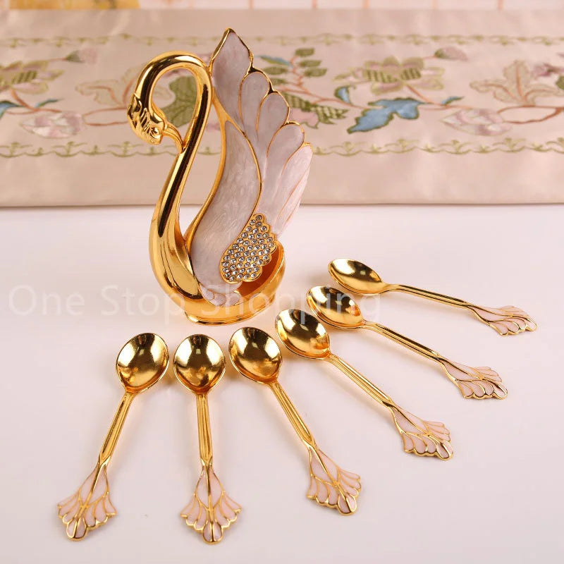Creative Dinnerware Set Swan Base Holder Decorative Stainless Steel with 6 Spoons for Coffee Fruit Dessert Stirring Mixing