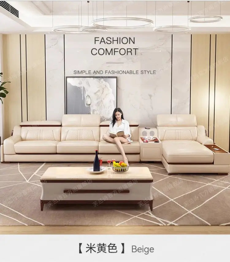 custom. [Official Genuine] Fulansige Leather Sofa Light Luxury Solid Wood Simple Small Yellow Cowhide Corner Small Apartment Cha