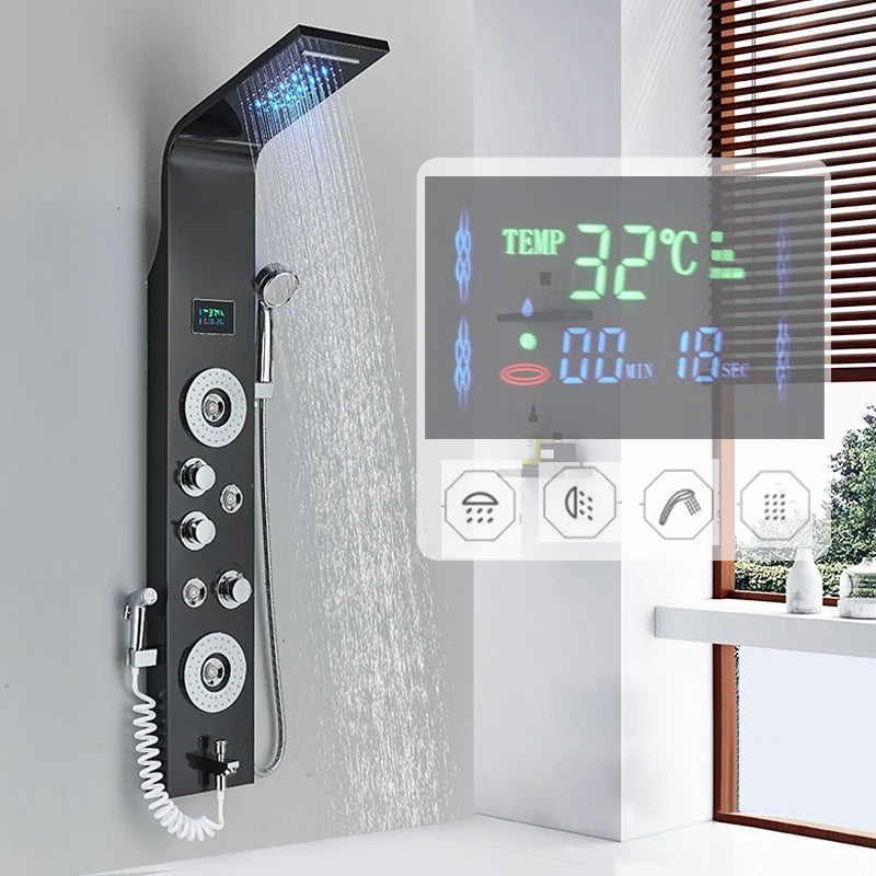 Black Bathroom Shower Panel SPA Massage Jet Shower Column LED Display Stainless Steel Shower System