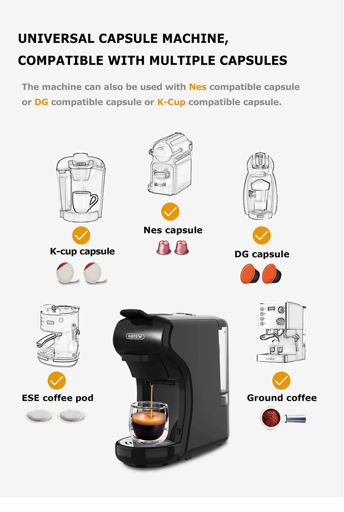 HiBREW Coffee Machine 19 Bar 4in1 Hot & Cold Multiple Capsule Espresso Cafetera Pod Coffee Maker Dolce Milk Nexpresso Powder H1A