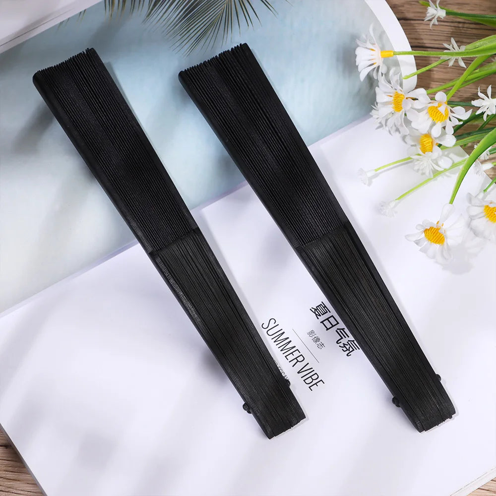 8.27"(21cm) Black Silk Folding Fan Chinese Style Hand Held Bamboo Fans Ribs Home Party Decoration Dance Props Desktop Ornament