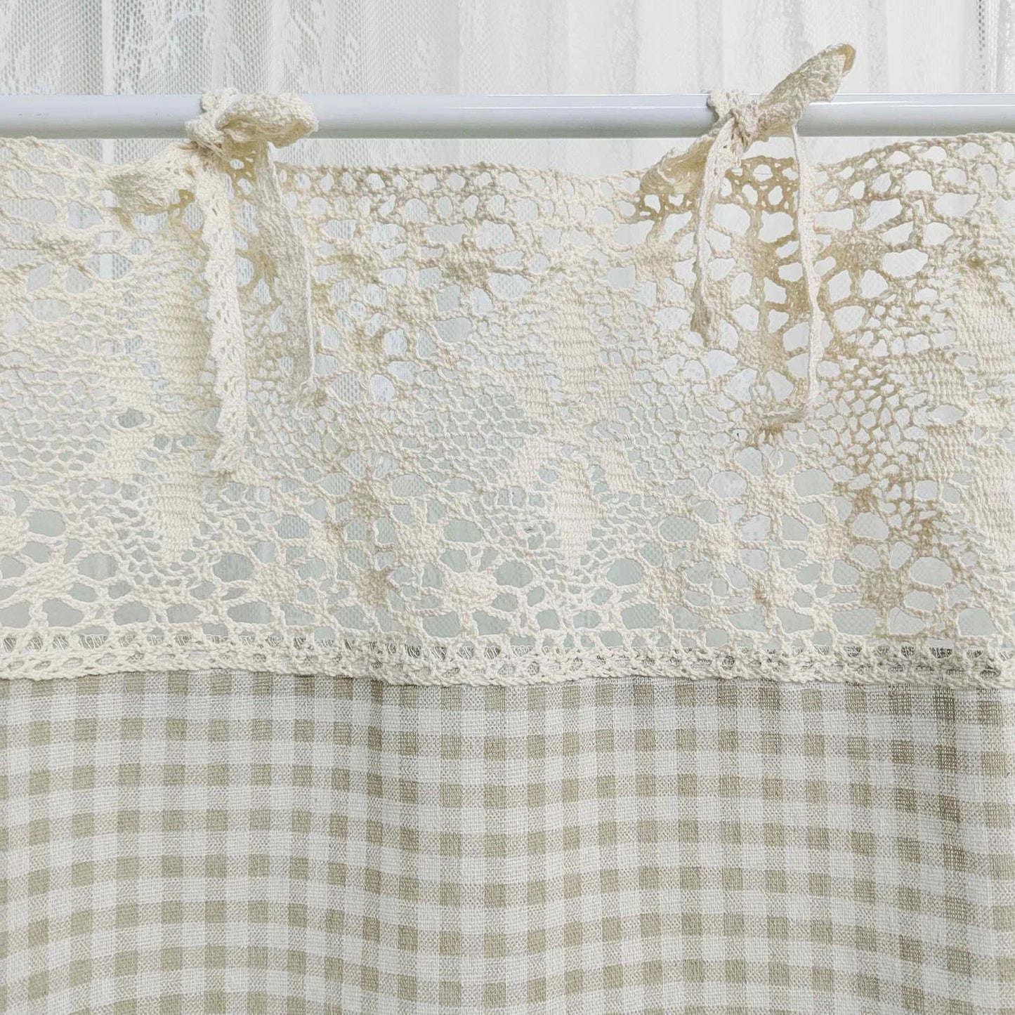 American Crochet Hollow Flower Splicing Checked Short Curtain for Kitchen Small Window Rustic Window Decoration Tie Cafe Curtain