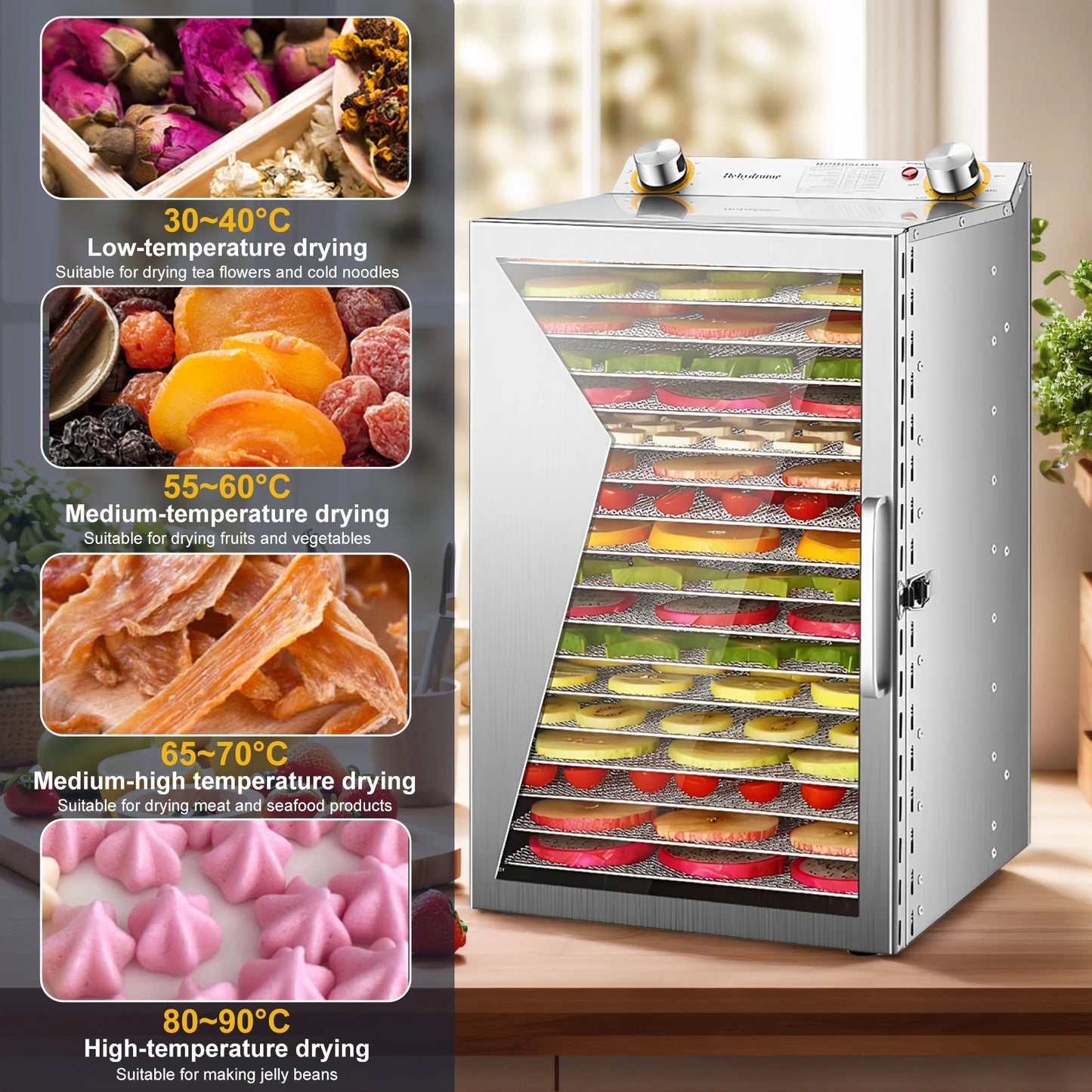 800W Food Dried Fruit Machine with 18 Stainless Steel Trays Temperature Control Dehydrator for Jerky Dog Treats Meats & Veggies