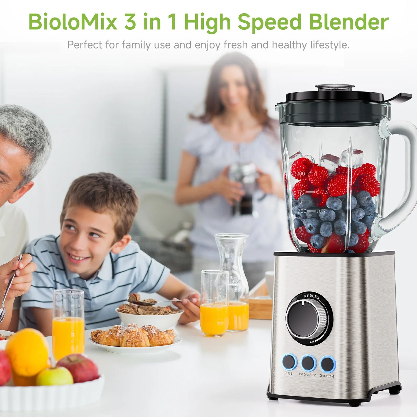 BioloMix 3-in-1 Smoothie Blender with Stainless Steel Blades 1300W Personal Blender and Grinder Combo for Baby Food Juice