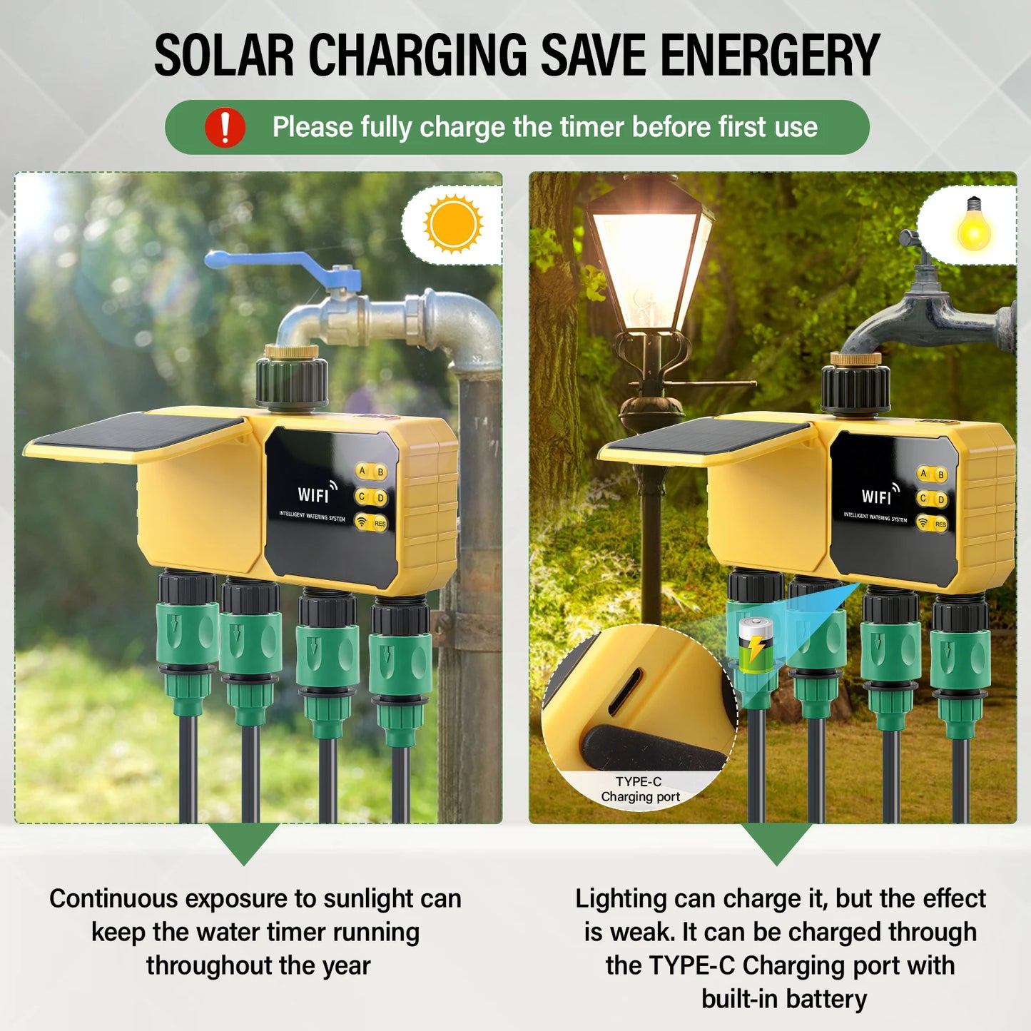 Solar WiFi 4-Zone Smart Water Timer
Solar-powered, app-controlled, 4 independent zones. Rain sensor auto-skips watering. IPX6 waterproof. Perfect for gardens & lawns.