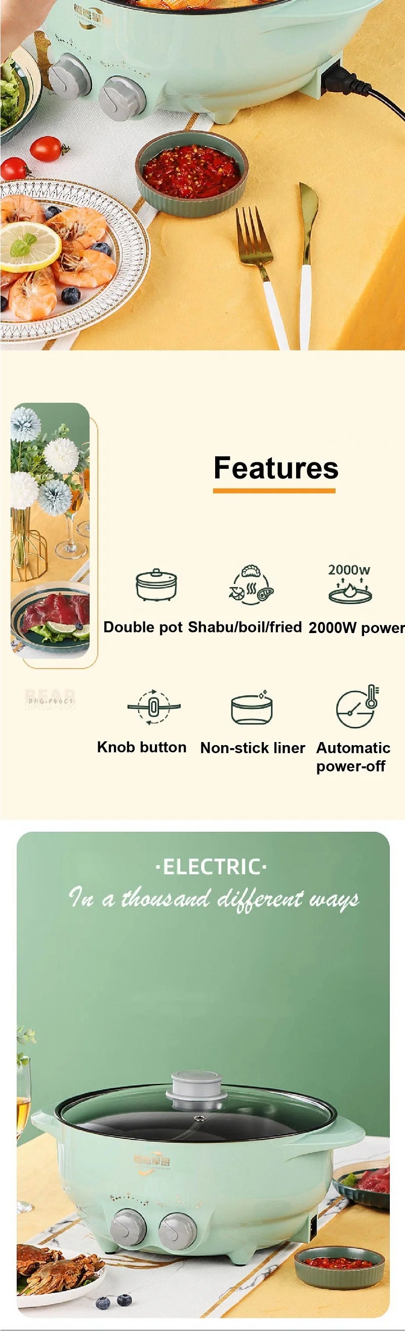 6L Yuanyang Electric Hot Pot Home Multi-function All-In-One Electric Cooking Pot Electric Cook Pot Non-Stick Grill Pan Pot 2000W