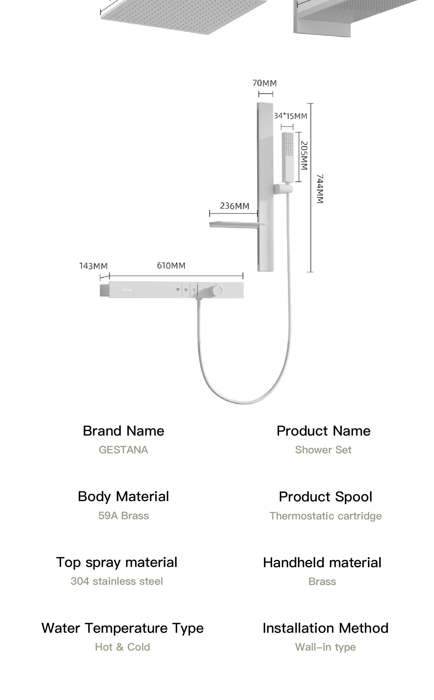 Luxury Ceiling Thermostatic Shower System Black Brass 3 Function Built In Wall Cold Hot Water Waterfall Outlet Bathroom Faucet