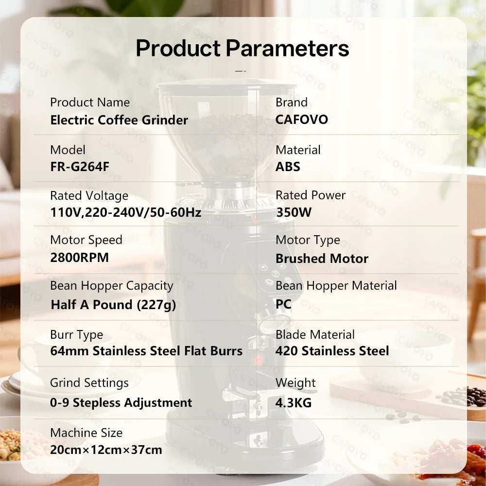 CAFOVO G264F 64mm Flat Burr Coffee Grinder with Digital Timer for Espresso Static-Free Single-dose Grinder Coffee Mill