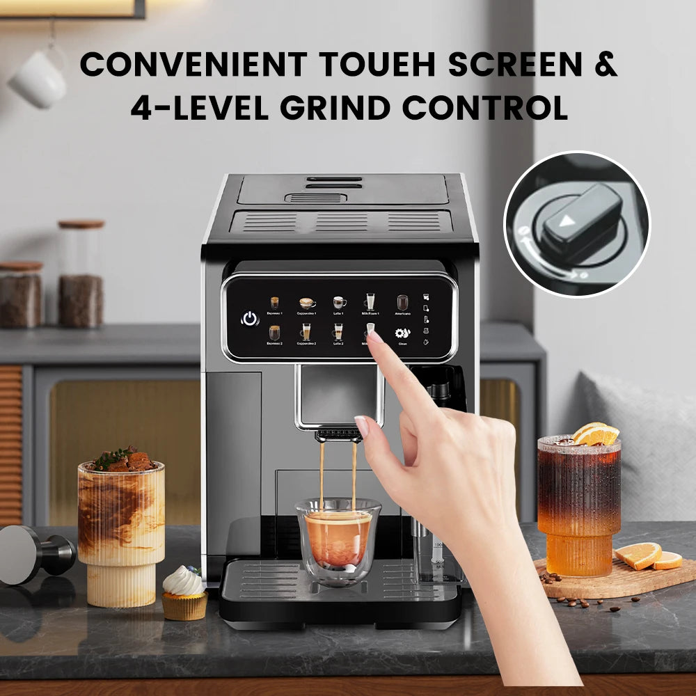 AM7203 Automatic Espresso Machine Features built-in milk frother and water tank, touchscreen control, and 7 coffee varieties. Perfect for easy, café-style drinks at home.