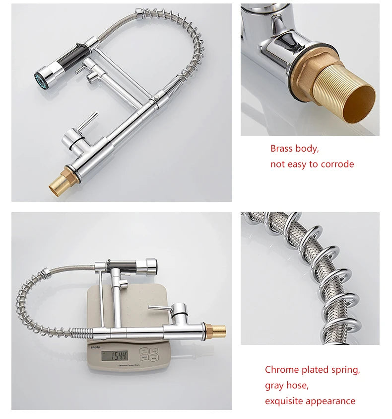 Brass kitchen sink faucet  360 degree rotating spring faucet  Single handle cold and hot mixed water tap