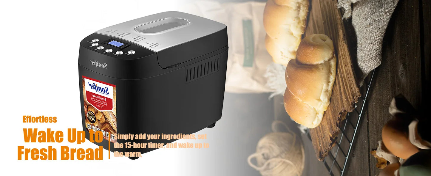 Sonifer 1500g Automatic Bread Maker SF-4025, Dual Kneading Hooks, 15 Programs, 15H Timer, 3 Crust Settings, Keep Warm