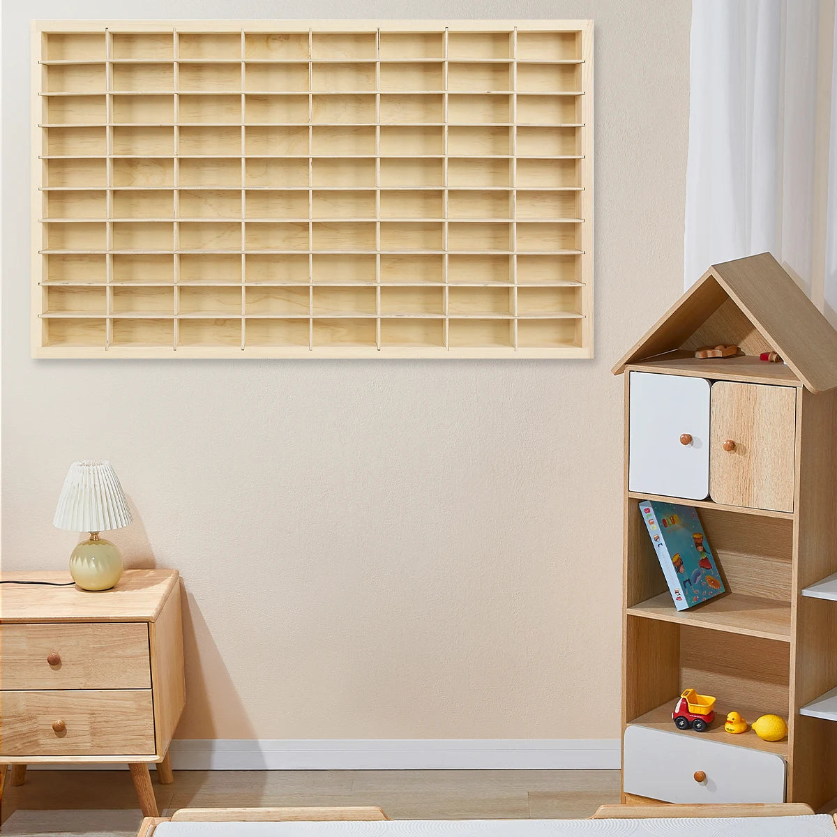 80 Grid Toy Cabinet Display Shelf Solid Wood Wall Mounted Car Model Storage Box Without Cover For Home Decoration Living Room