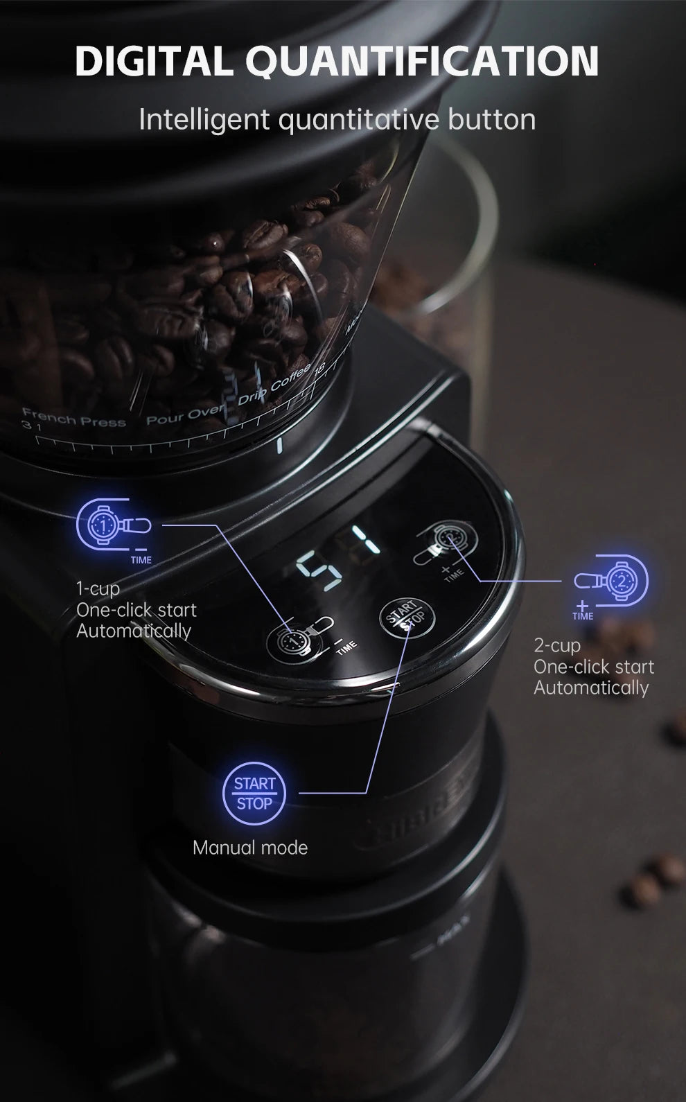 HiBREW Coffee Mill Automatic Electric Coffee Grinder with 31 Gears for Espresso American Coffee Pour Over Visual Bean Storage G3