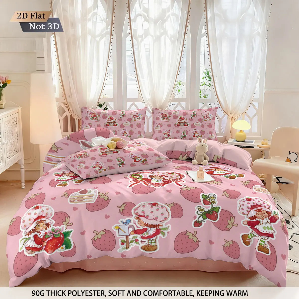 3pcs Pink Strawberry Girl Printed Down Duvet Cover Set, Multi Size Bedroom Bedding Decoration, Machine Washable